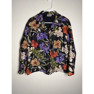 Chicos Design Black Floral Embroidered Silk Jacket Women's Size 2